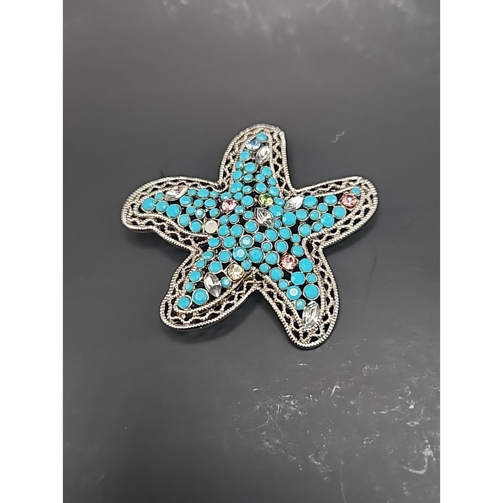 Silvertoned Beaded Starfish Brooch Pin‎ W/ Colorful Glass Rhinestone Accents